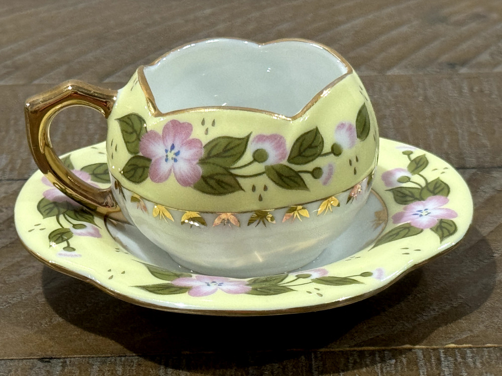 Miniature Apple Blossom Floral Porcelain Tea Cup & Saucer 2" Pink/Yellow/Gold